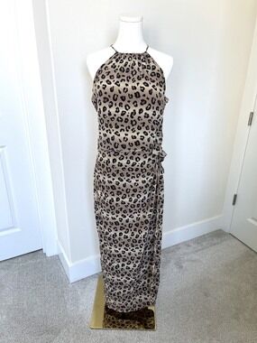 Vintage Y2K Spenser Jeremy 100% Silk Leopard Print Maxi Halter Wrap Dress